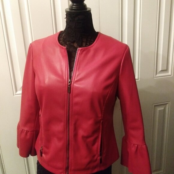 Red Faux Leather Pleather Jacket Collarless Ruffle Sleeve Alfani Petite Medium - Picture 5 of 10